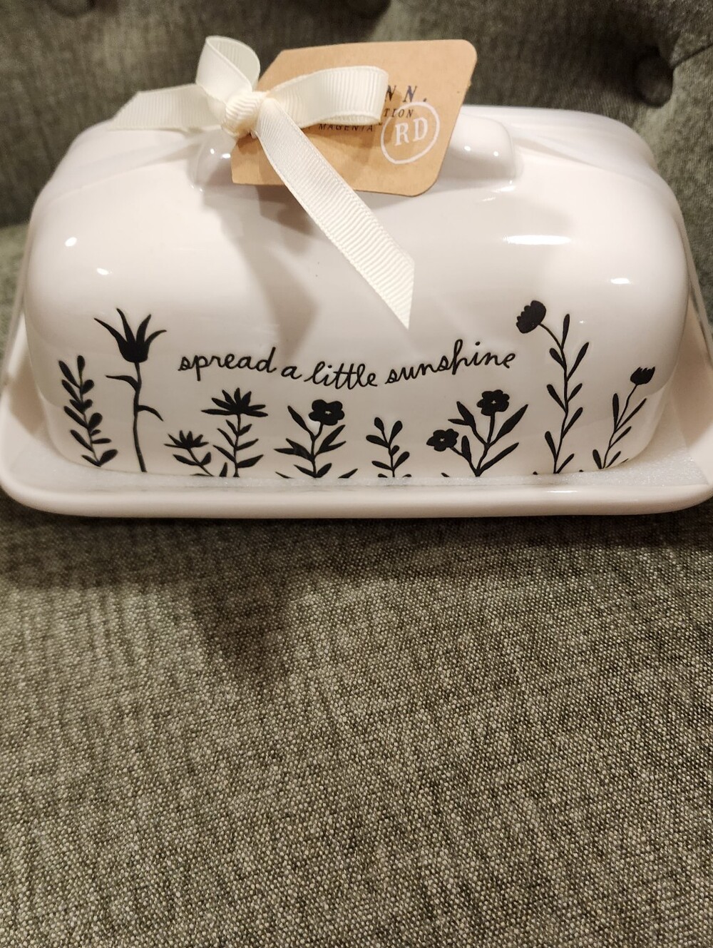 Rae DunnCeramic Butter Dish - White with Black Floral "Spread a Little Sunshine"